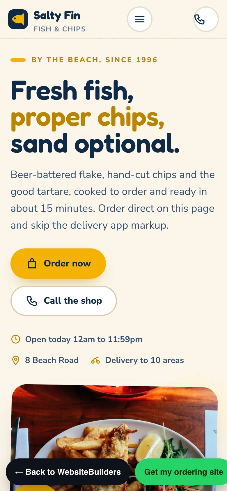 Salty Fin ordering site on a phone