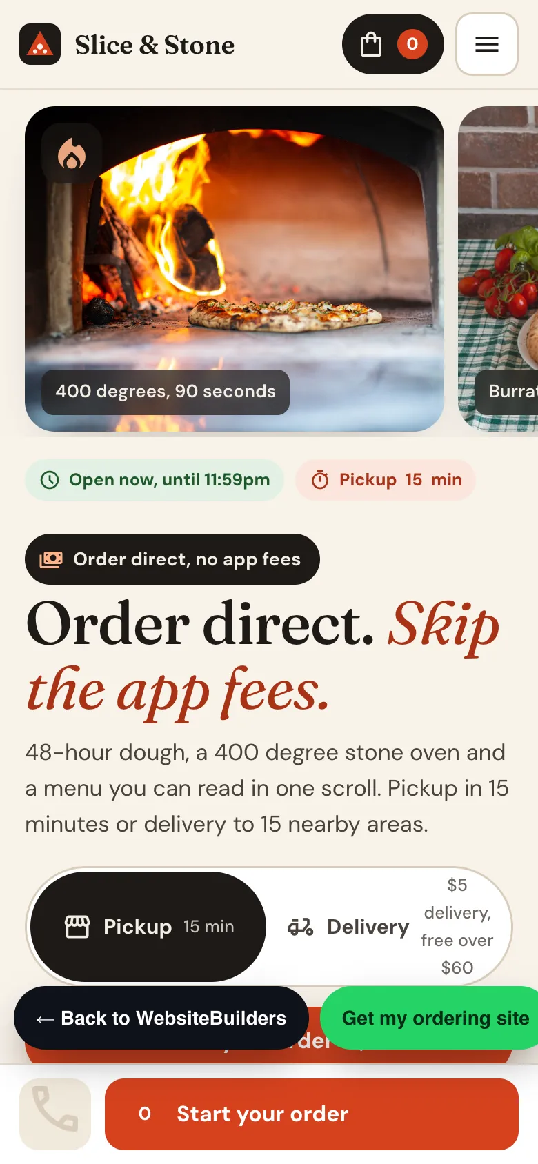 Slice and Stone ordering site on a phone